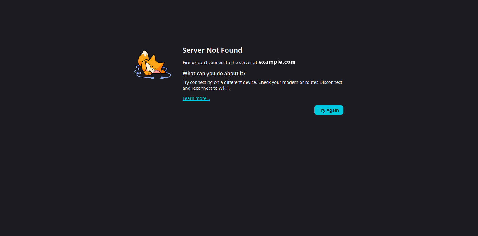 Browser error screen: Server Not Found — the browser can't connect to the server at example.com