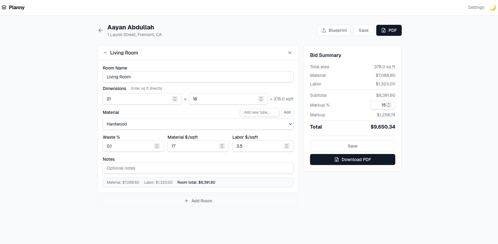 Planny — flooring bid estimator showing room dimensions, materials, and bid summary